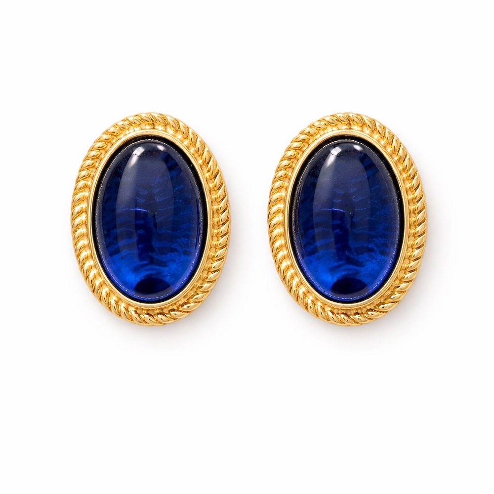 Vintage Style Blue Cabochon Stud Earrings | Gold Tone Oval Statement Studs